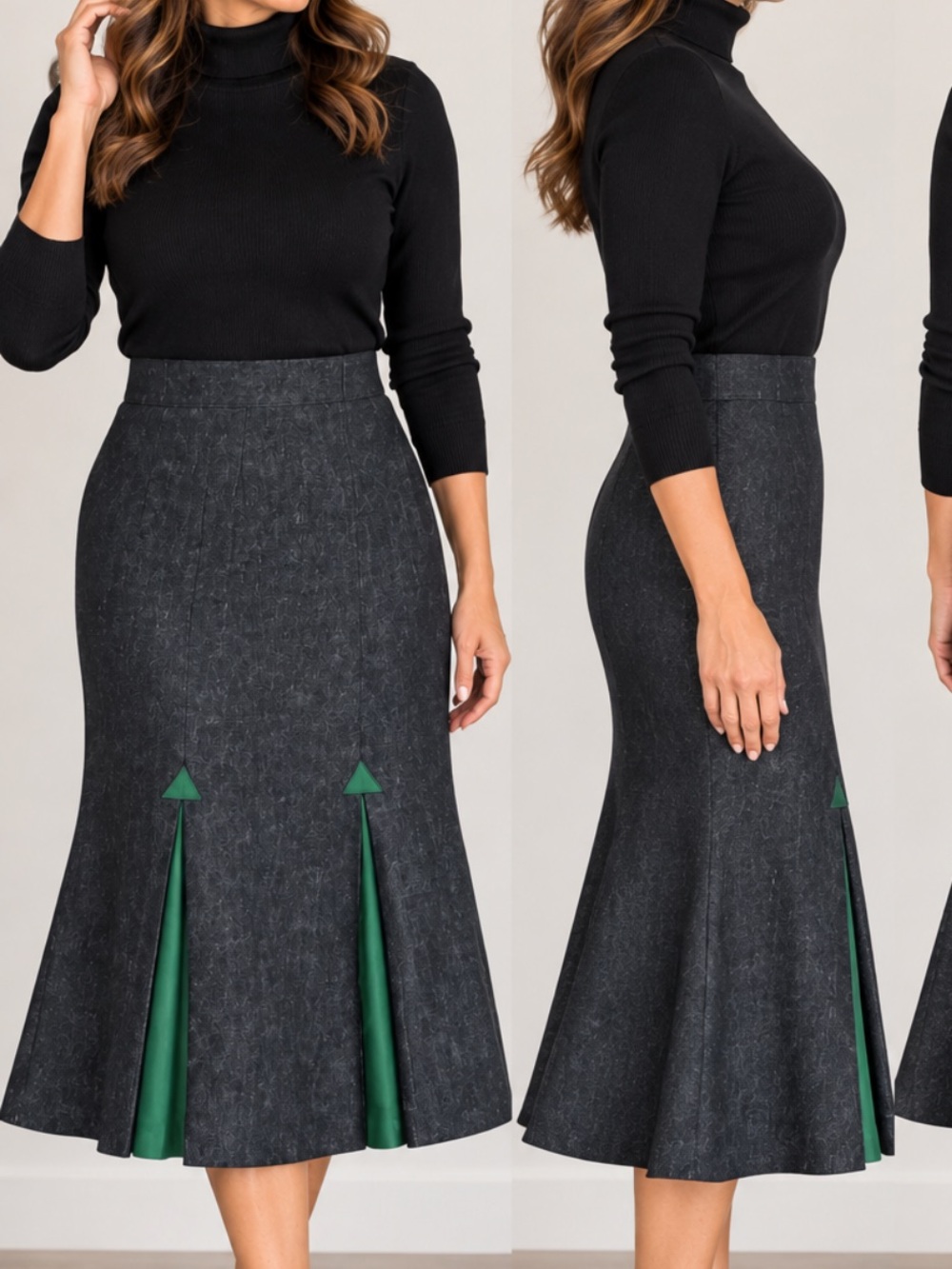 Vintage  tailored dark  gray long trumpet skirt with green panels
